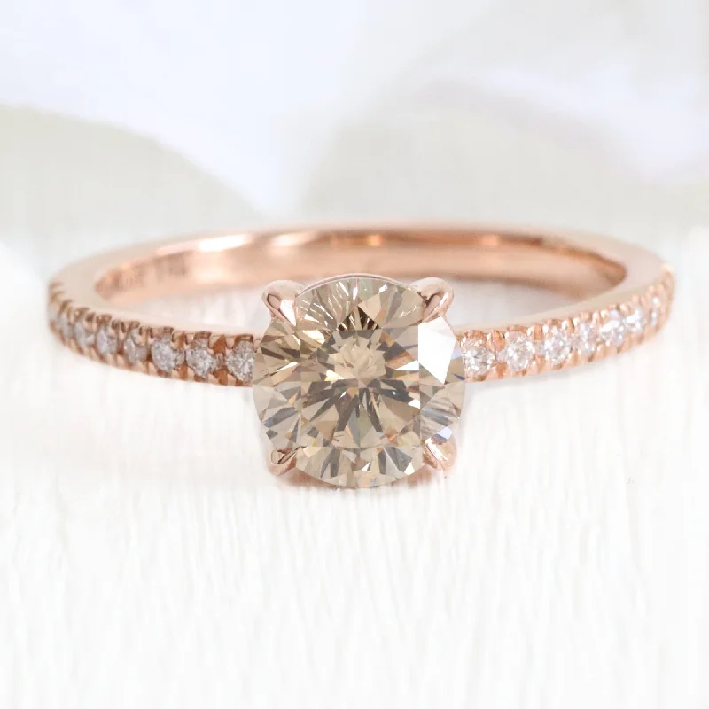 Vintage engagement rings with antique diamond cuts for a timeless and heirloom-worthy piece -1.33 Ct Round Champagne Diamond Ring in 14k Rose Gold Solitaire Pave Band, Size 6.5