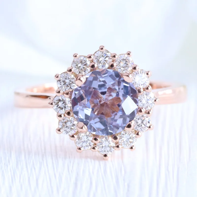 Affordable engagement rings with lab-created diamonds for an ethical, budget-friendly choice -1.82 Ct Lavender Sapphire Ring in 14k Rose Gold Large Halo Diamond, Size 6