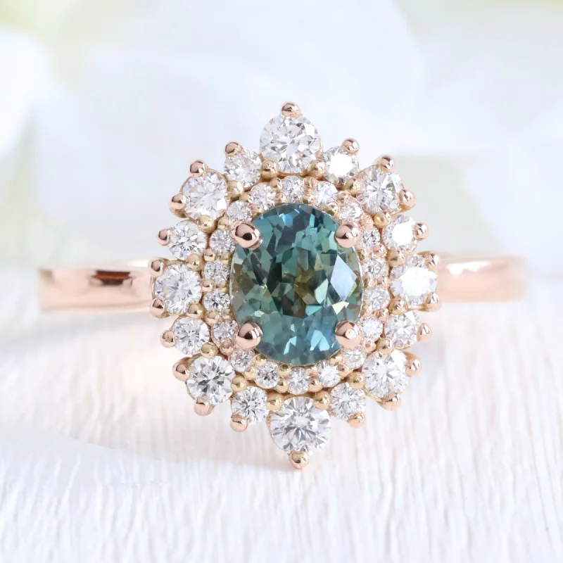 Cushion-cut engagement rings with sparkling diamonds for a sophisticated and timeless look -1.62 Ct Oval Teal Green Sapphire Ring in 14k Rose Gold Double Halo Diamond, Size 6.5