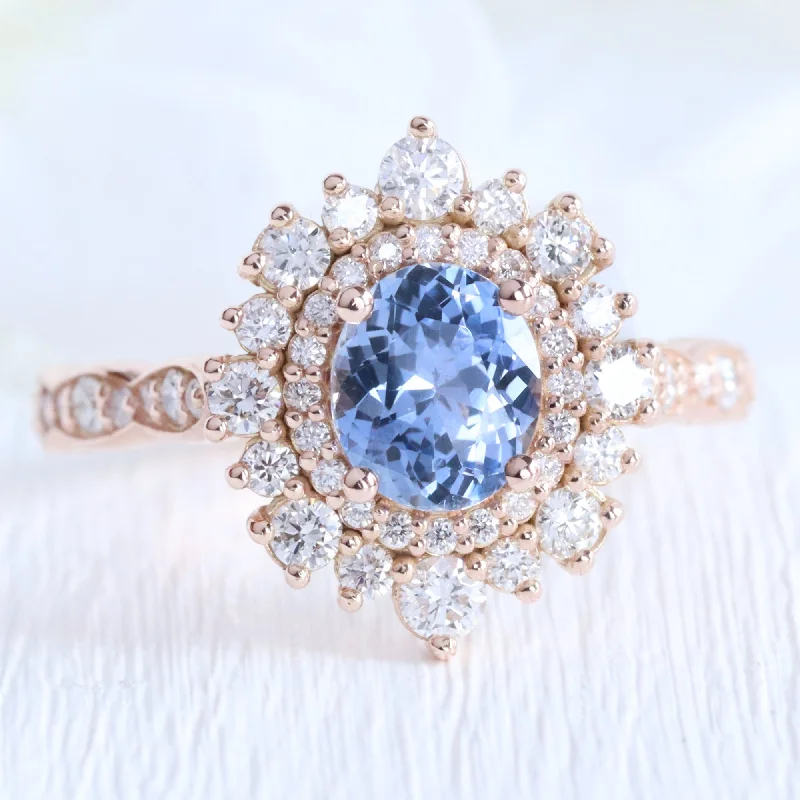 Classic three-stone engagement rings with diamonds symbolizing love’s journey together -1.72 Ct Oval Aqua Blue Sapphire Ring in 14k Rose Gold Double Halo Diamond, Size 6.5