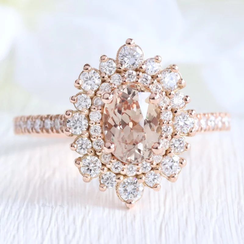 Customized engagement rings with gemstones representing birthstones for personal meaning -1.83 Ct Oval Peach Sapphire Pave Ring in 14k Rose Gold Double Halo Diamond, Size 6.25