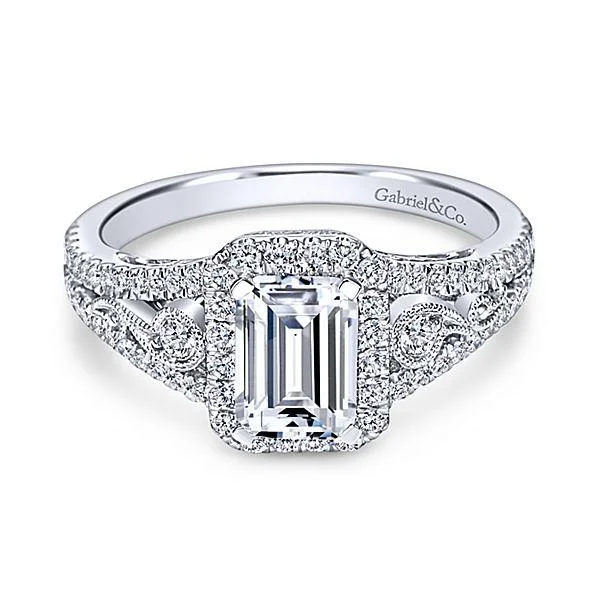 Unique engagement rings with artistic settings for women who love statement jewelry -Vintage Inspired Emerald Cut Halo Diamond Ring 383A