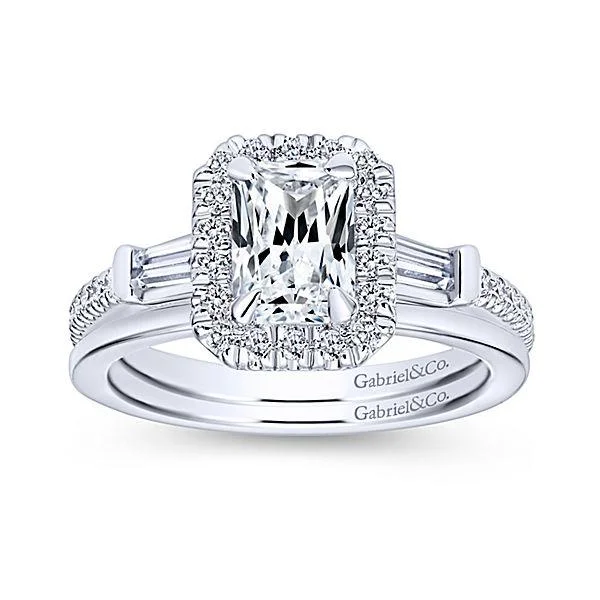 Custom engagement rings with meaningful symbols and shapes representing love, faith, or family -Emerald Cut Baguette Accents Halo Diamond Ring .58 Cttw 381A