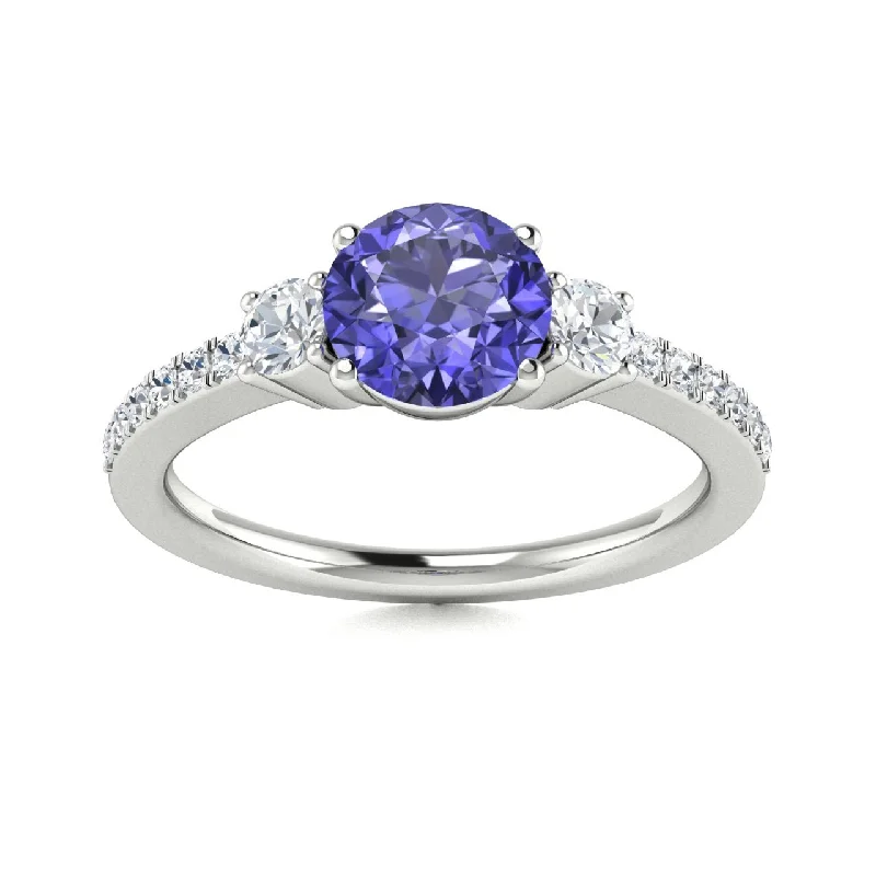 Unique engagement rings with artistic settings for women who love statement jewelry -14kt Gold Round brilliant AAA Tanzanite and Diamond Ring (Tanzanite 1.00 cts. Diamonds 0.30 cts.)