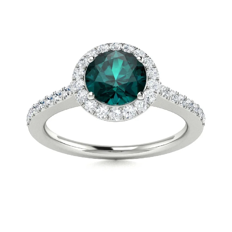 Elegant engagement rings with side stone diamonds for added sparkle and visual appeal -14kt Gold Round brilliant Natural Alexandrite and Diamond Ring (Alexandrite 0.75 cts. Diamonds 0.50 cts.)