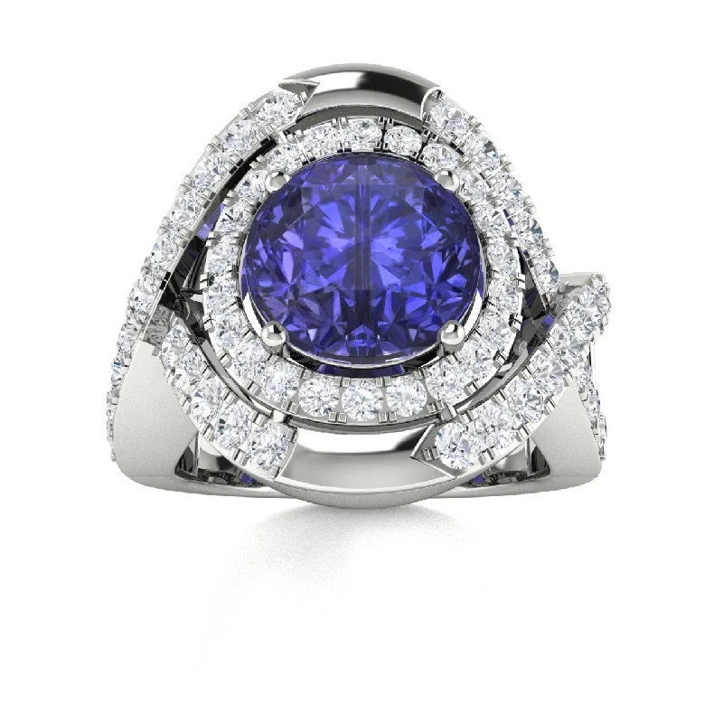 Affordable engagement rings with halo designs to maximize diamond sparkle and brilliance -14KT Gold Round Tanzanite and Diamond Ring (Tanzanite 3.00 cts. White Diamond 0.50 cts.)