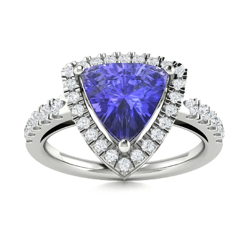 Classic three-stone engagement rings with diamonds symbolizing love’s journey together -14KT Gold Trillion Tanzanite and Diamond Ring (Tanzanite 1.75 cts. White Diamond 0.30 cts.)