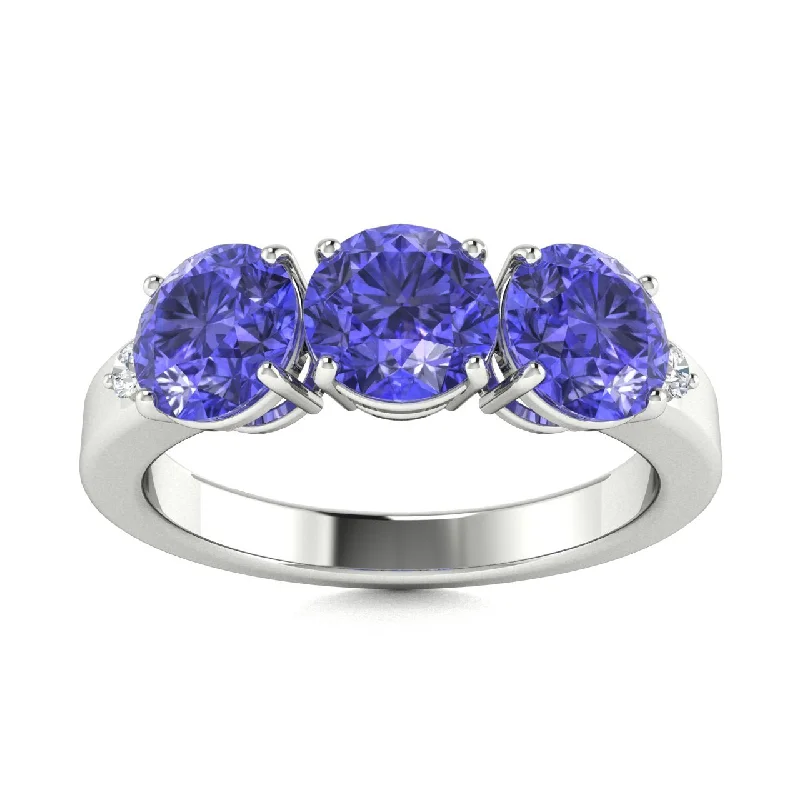 Engagement rings with princess-cut diamonds for a square, modern shape and sparkle -18KT Gold 3-stone Tanzanite and Diamond Ring (Tanzanite 1.25 cts. White Diamonds 0.10 cts.)