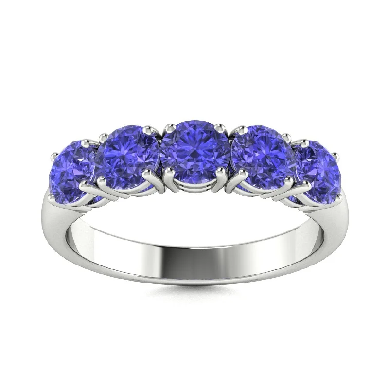 Affordable engagement rings with halo designs to maximize diamond sparkle and brilliance -18kt Gold 5-stone Round Brilliant Cut Tanzanite Ring (Tanzanite 3.50cts)