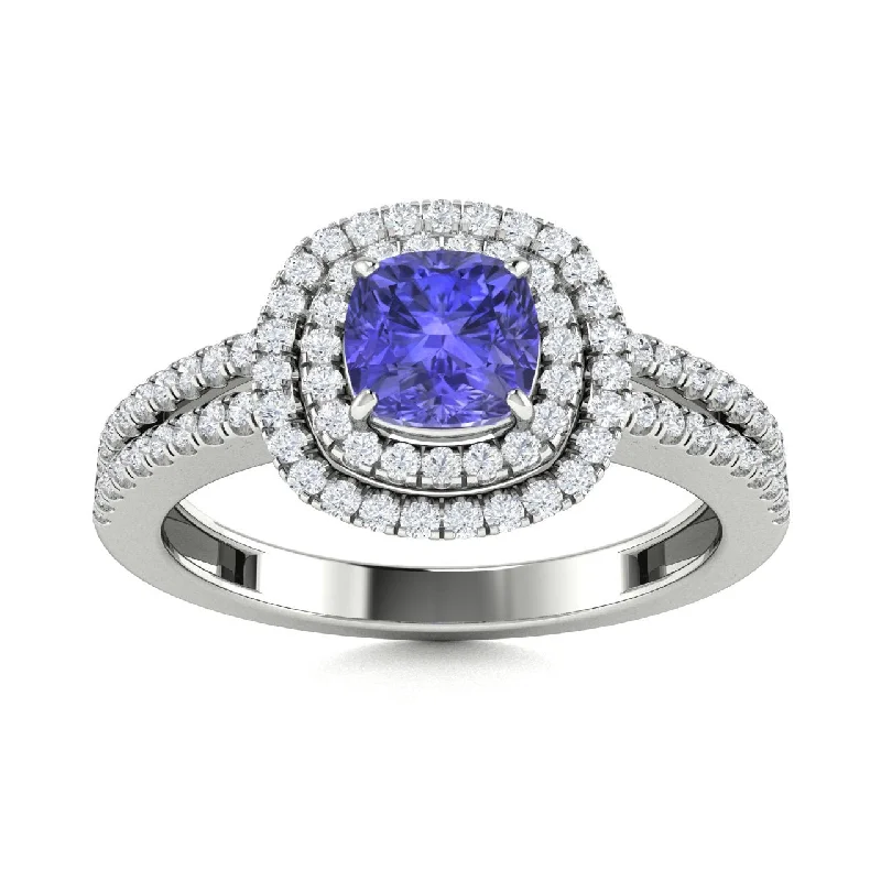 Classic solitaire engagement rings with platinum or white gold bands for elegance -18kt Gold Cushion cut double halo set Tanzanite and Diamond Ring (Tanzanite 2.00ct Diamonds 0.40cts)