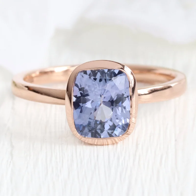 Elegant engagement rings with side stone diamonds for added sparkle and visual appeal -2.03 Ct Large Violet Purple Sapphire Ring in 14k Rose Gold Cushion Bezel Ring, Size 6.25