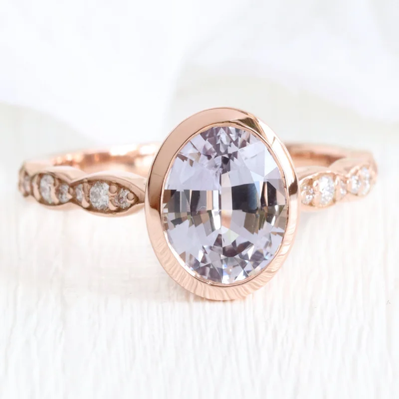 Simple engagement rings with round diamonds for timeless elegance and classic beauty -2.6 Ct. Oval Lavender Sapphire Ring in 14k Rose Gold Bezel Scalloped Diamond, Size 6.25