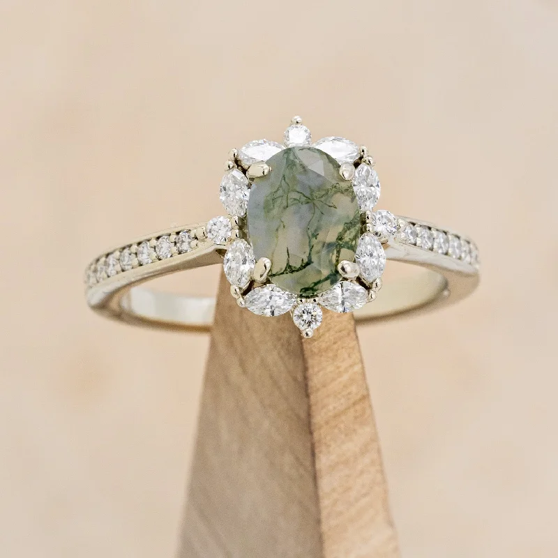 Affordable engagement rings with halo designs to maximize diamond sparkle and brilliance -"LOLA" - OVAL MOSS AGATE ENGAGEMENT RING WITH DIAMOND HALO & ACCENTS