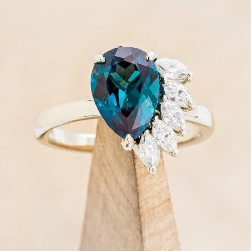 Customizable engagement rings with engraving options for personalized wedding jewelry -"AMBROSIA" - PEAR CUT LAB-GROWN ALEXANDRITE ENGAGEMENT RING WITH MOISSANITE ACCENTS