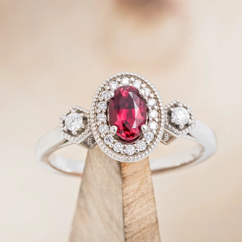 Custom engagement rings with ethically sourced diamonds for eco-conscious couples -"AMELIA" - OVAL LAB-GROWN RUBY ENGAGEMENT RING WITH DIAMOND HALO & ACCENTS