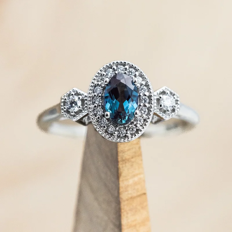 Simple engagement rings with solitaire diamonds for minimalist and elegant style -"AMELIA" - OVAL LAB-GROWN ALEXANDRITE ENGAGEMENT RING WITH DIAMOND HALO & ACCENTS