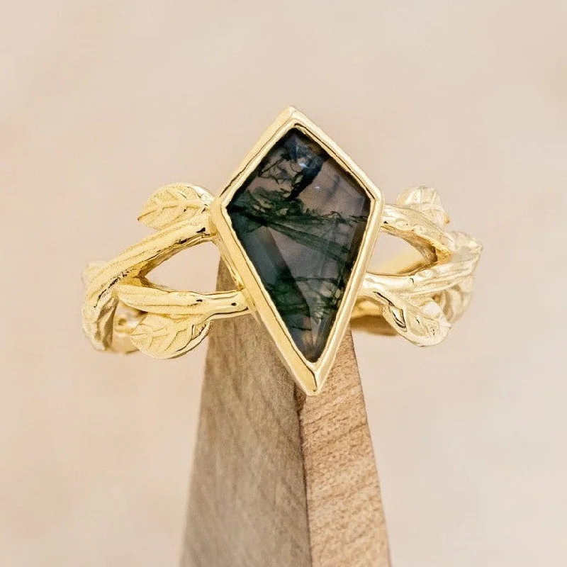 Classic engagement rings with baguette side stones for vintage charm and sophistication -"ARTEMIS ON THE VINE" - BEZEL SET KITE CUT MOSS AGATE ENGAGEMENT RING