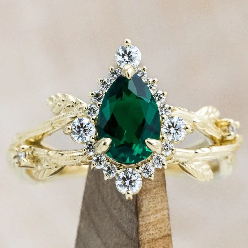 Affordable engagement rings with lab-created diamonds for an ethical, budget-friendly choice -"ARTEMIS ON THE VINE DIVINE" - PEAR LAB-GROWN EMERALD ENGAGEMENT RING WITH DIAMOND ACCENTS & A BRANCH-STYLE BAND