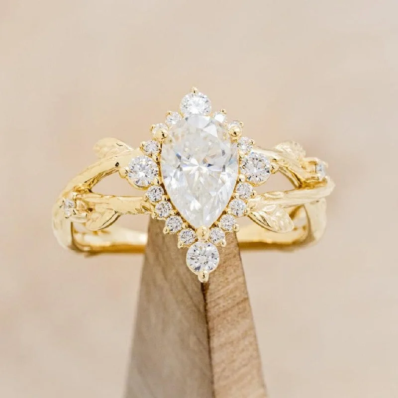 Vintage engagement rings with antique diamond cuts for a timeless and heirloom-worthy piece -"ARTEMIS ON THE VINE DIVINE" - PEAR MOISSANITE ENGAGEMENT RING WITH DIAMOND ACCENTS & A BRANCH-STYLE BAND