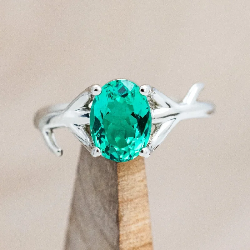 Geometric engagement rings with sharp lines and unique angles for modern tastes -"ARTEMIS" - OVAL LAB-GROWN EMERALD ENGAGEMENT RING