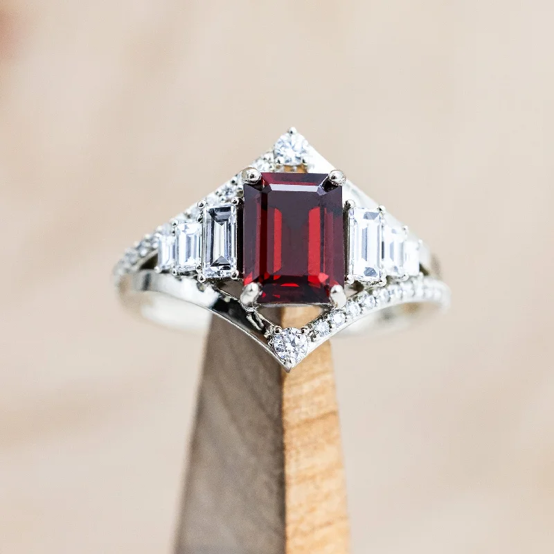 Engagement rings with rose gold bands for a romantic and warm look -"ATHENA" - EMERALD CUT MOZAMBIQUE GARNET ENGAGEMENT RING WITH DIAMOND ACCENTS