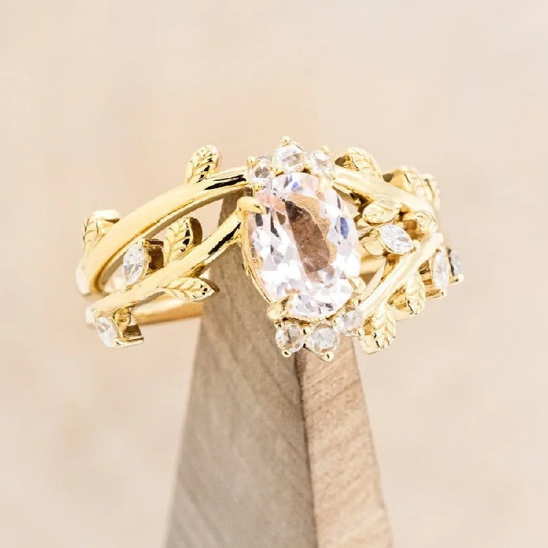 Unique engagement rings with artistic settings for women who love statement jewelry -"CAELUM" - VINE STYLE OVAL MORGANITE ENGAGEMENT RING SET WITH LEAF & DIAMOND ACCENTS