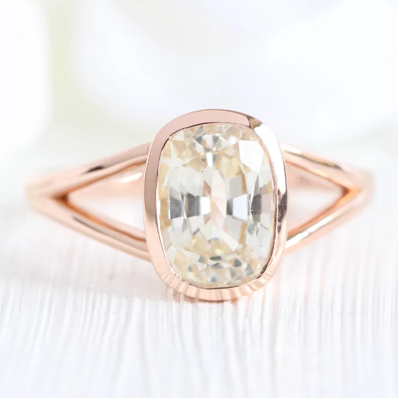 Engagement rings with vintage-style settings featuring intricate filigree and detailing -2.76 Ct Light Champagne Sapphire Ring in 14k Rose Gold Cushion Bezel Ring, Size 6.25