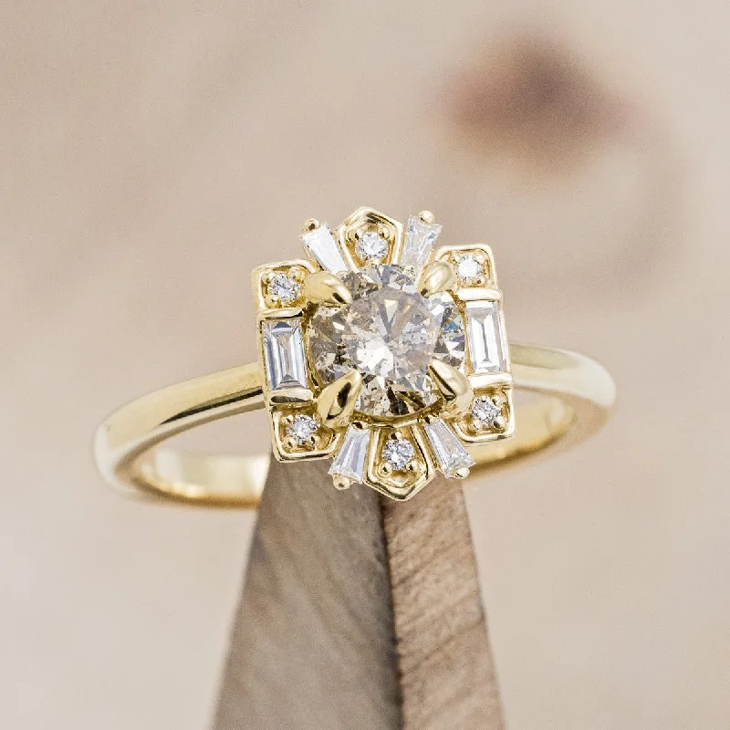 Custom engagement rings with heirloom diamonds for a sentimental and personal touch -"CLEOPATRA" - ROUND CUT CHAMPAGNE DIAMOND ENGAGEMENT RING WITH DIAMOND ACCENTS