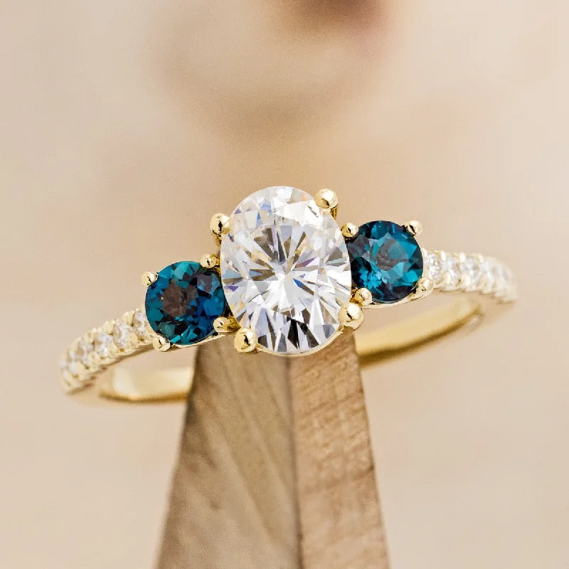 Two-tone engagement rings with contrasting metals for a chic, modern effect -"COSETTE" - OVAL MOISSANITE & LAB-GROWN ALEXANDRITE ENGAGEMENT RING WITH DIAMOND ACCENTS