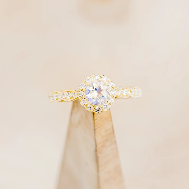 Engagement rings with hidden diamonds for a surprise sparkle on the band -"DAISY" - ROUND CUT MOONSTONE ENGAGEMENT RING WITH DIAMOND HALO & ACCENTS