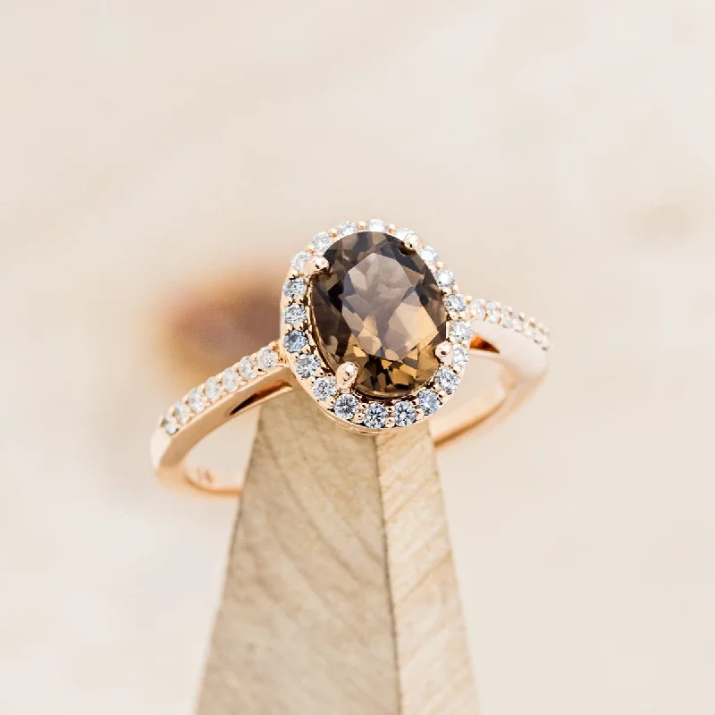 Engagement rings with bezel settings for a secure and modern diamond display -"DIANA" - OVAL SMOKY QUARTZ ENGAGEMENT RING WITH DIAMOND HALO & ACCENTS