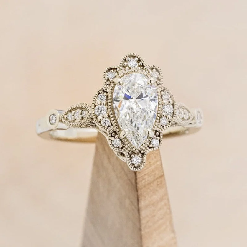 Engagement rings with bezel-set diamonds for sleek, contemporary looks and security -"EILEEN" - PEAR CUT LAB-GROWN DIAMOND ENGAGEMENT RING WITH DIAMOND ACCENTS