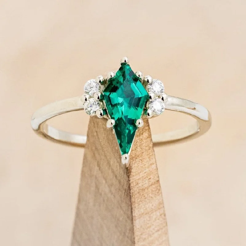 Engagement rings with floral-inspired settings for a romantic and delicate feel -"EMMY" - KITE CUT LAB-GROWN EMERALD ENGAGEMENT RING WITH DIAMOND ACCENTS