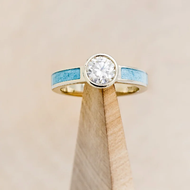 Vintage-inspired engagement rings with intricate detailing for romantic and nostalgic charm -"EOTA" - ROUND CUT BEZEL SET MOISSANITE ENGAGEMENT RING WITH TURQUOISE INLAYS