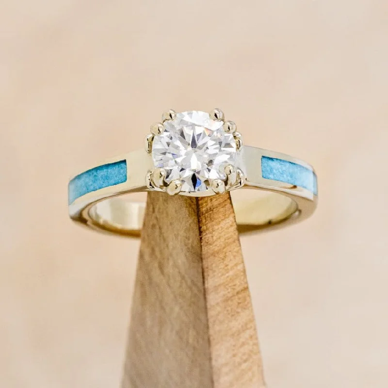 Engagement rings with innovative designs featuring tension or floating diamond settings -"FAWN" - ROUND CUT MOISSANITE ANTLER PRONGED ENGAGEMENT RING WITH TURQUOISE INLAYS