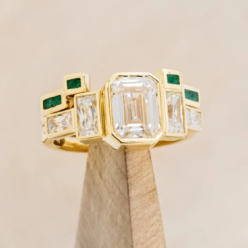 Halo engagement rings with sparkling diamonds surrounding a center stone for a luxurious look -"GRETA" - BEZEL SET EMERALD CUT MOISSANITE ENGAGEMENT RING WITH MALACHITE STACKING BAND