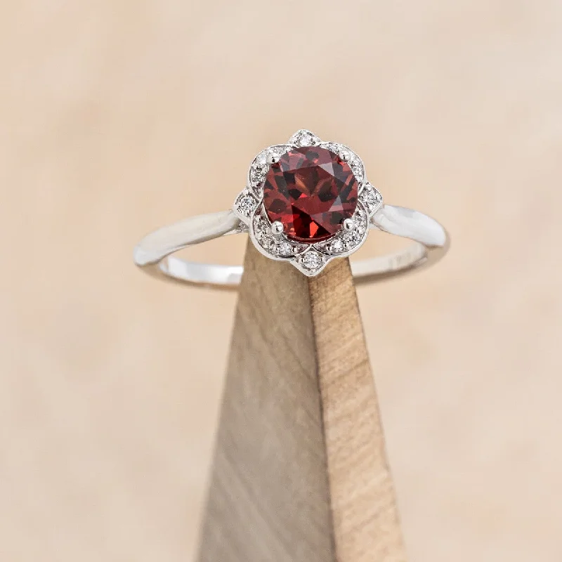 Affordable engagement rings with gemstone center stones like sapphire or ruby -"JANE" - ROUND CUT MOZAMBIQUE GARNET ENGAGEMENT RING WITH DIAMOND ACCENTS