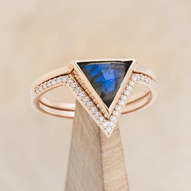 Affordable engagement rings with halo designs to maximize diamond sparkle and brilliance -"JENNY FROM THE BLOCK" - TRIANGLE CUT LABRADORITE ENGAGEMENT RING WITH V-SHAPED DIAMOND TRACER