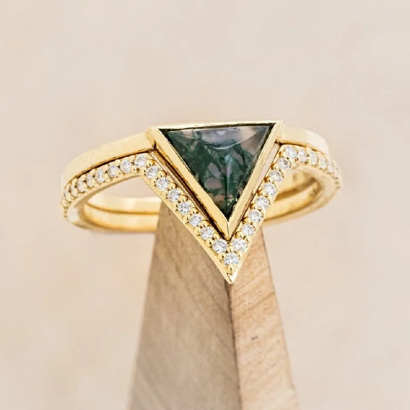 Classic solitaire engagement rings with platinum or white gold bands for elegance -"JENNY FROM THE BLOCK" - TRIANGLE CUT MOSS AGATE ENGAGEMENT RING WITH DIAMOND V-SHAPED TRACER