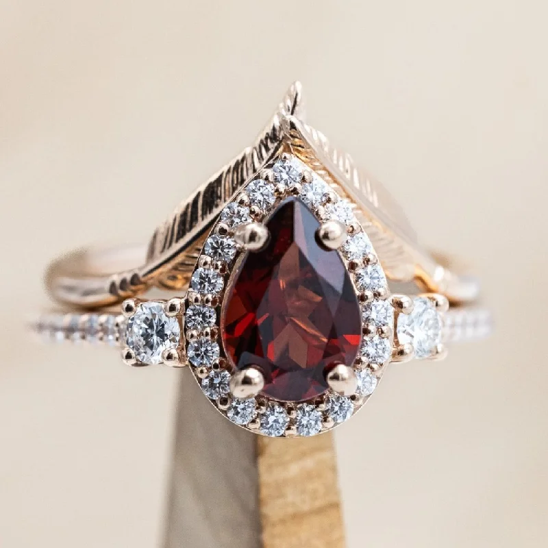 Engagement rings with eternity bands for a continuous circle of diamonds symbolizing eternal love -"KB" - PEAR CUT MOZAMBIQUE GARNET ENGAGEMENT RING WITH "FALA" TRACER