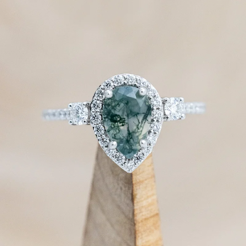 Unique engagement rings with colored gemstones like sapphire, ruby, and emerald -"KB" - PEAR MOSS AGATE ENGAGEMENT RING WITH DIAMOND HALO & ACCENTS