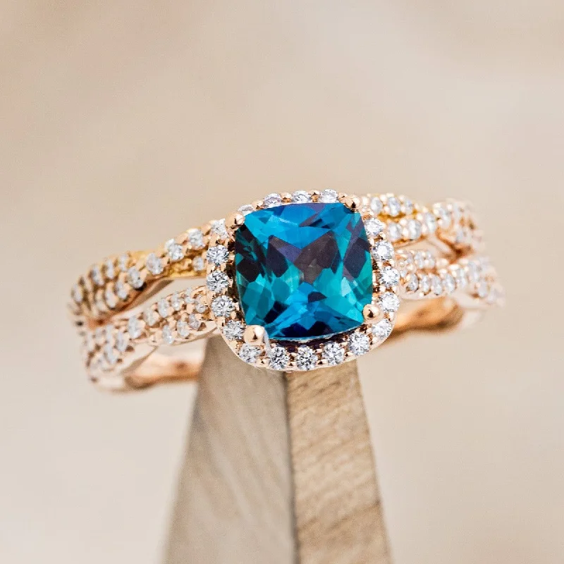 Engagement rings with square-shaped diamonds for a contemporary and sophisticated appearance -"KINLEY" - CUSHION CUT LAB-GROWN ALEXANDRITE ENGAGEMENT RING WITH DIAMOND HALO, ACCENTS & TRACER