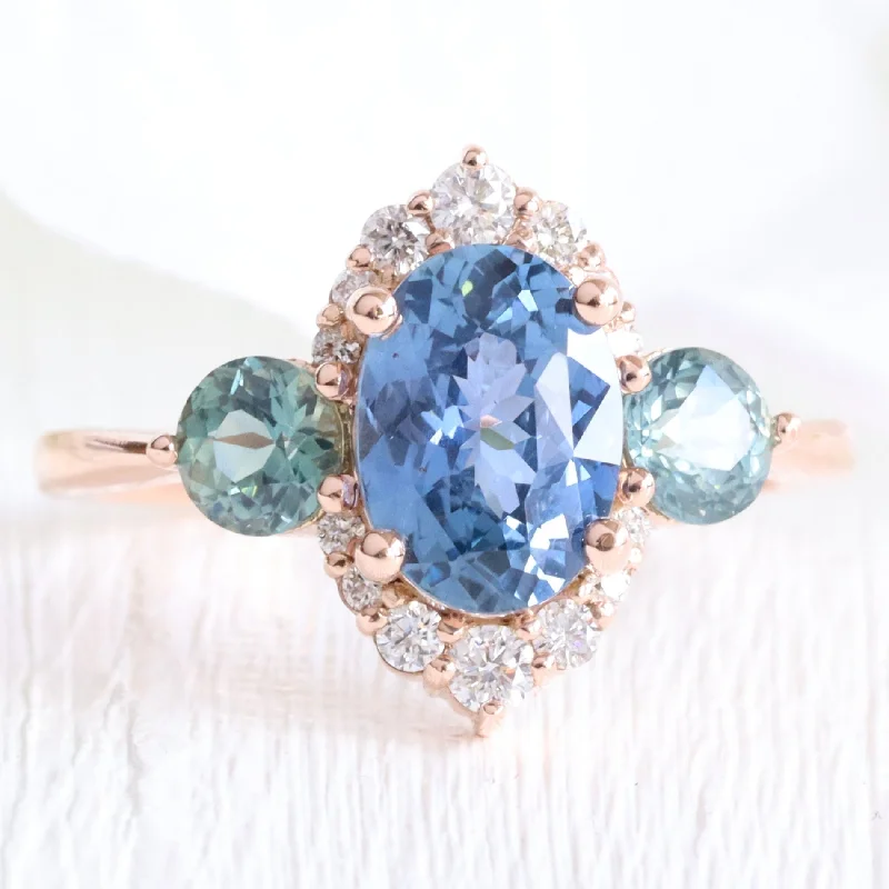 Geometric engagement rings with sharp lines and unique angles for modern tastes -3.08 Ct Large Teal Blue Sapphire 3 Stone Ring in 14k Rose Gold Halo Diamond, Size 6.5