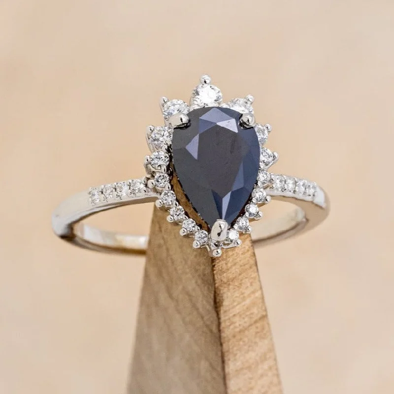 Affordable engagement rings with gemstone center stones like sapphire or ruby -"LAVERNA LUX" - PEAR- SHAPED BLACK MOISSANITE ENGAGEMENT RING WITH DIAMOND HALO & ACCENTS