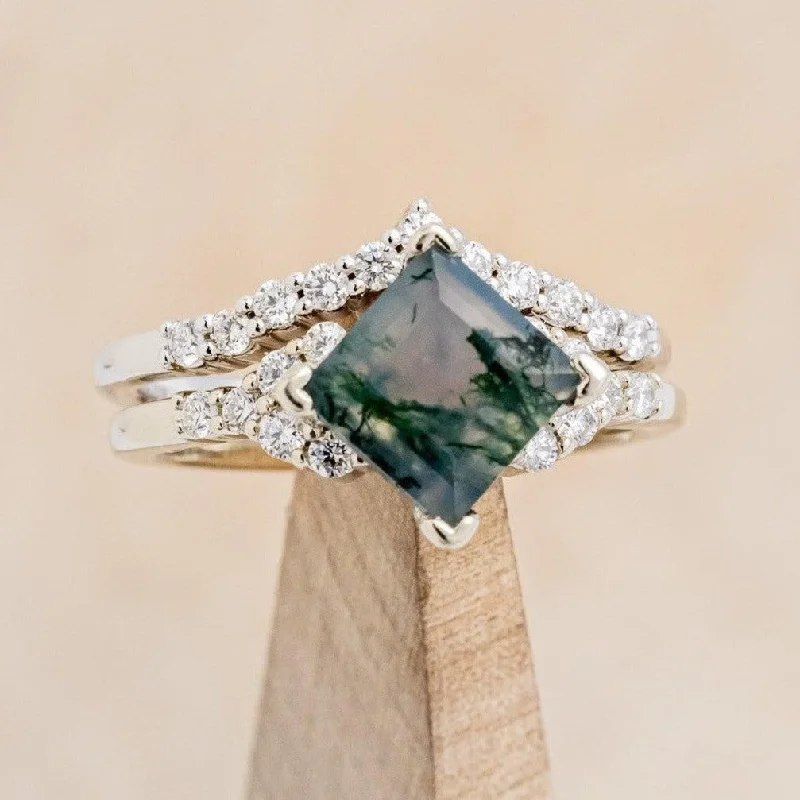 Luxury engagement rings with platinum settings for high-end, premium quality -"LAYLA" - PRINCESS CUT MOSS AGATE ENGAGEMENT RING WITH DIAMOND ACCENTS & TRACER