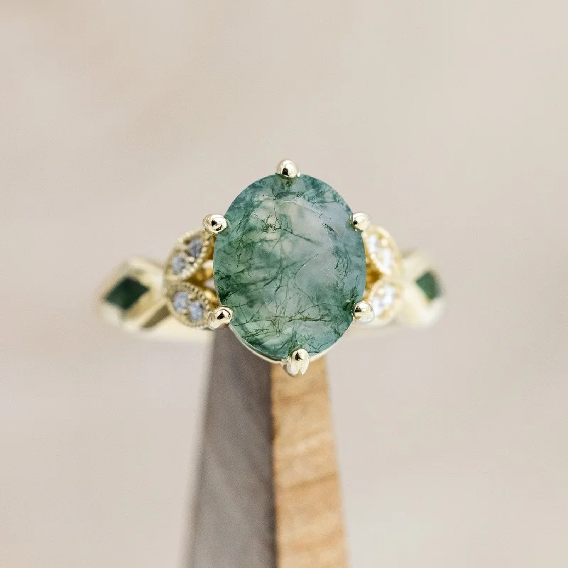 Engagement rings with twist bands for a unique and romantic design -"LUCIA" - OVAL MOSS AGATE ENGAGEMENT RING WITH DIAMOND ACCENTS & MOSS INLAYS