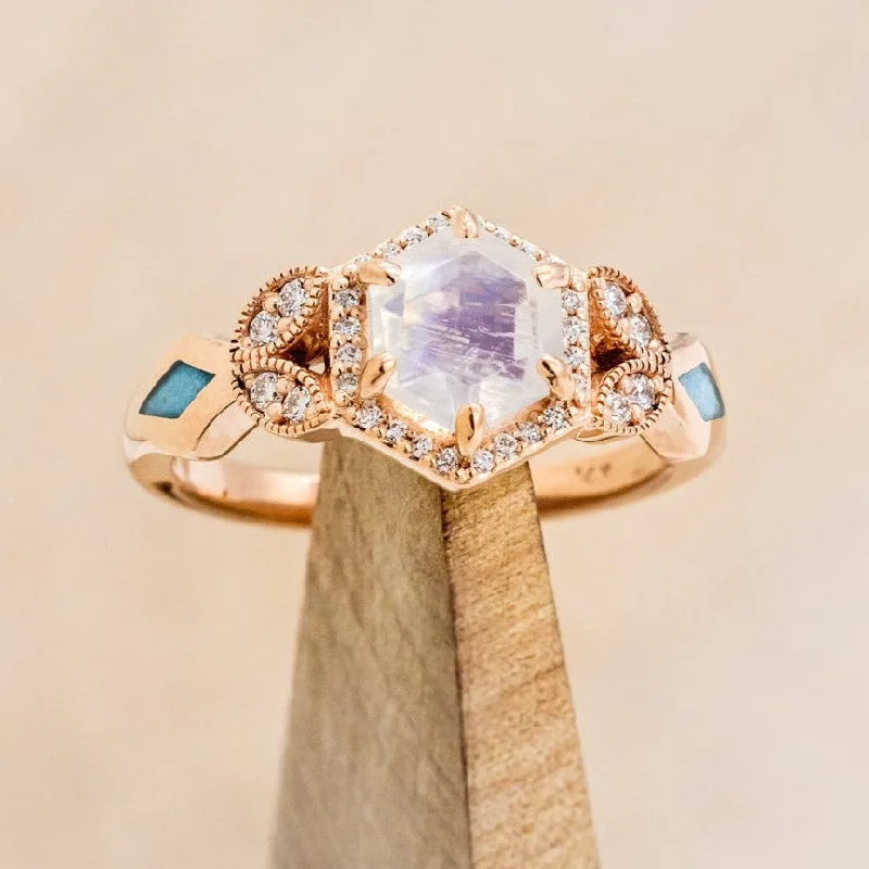 Stylish engagement rings with bold, angular settings for a modern fashion-forward look -"LUCY IN THE SKY" PETITE - FACETED HEXAGON CUT MOONSTONE ENGAGEMENT RING WITH DIAMOND ACCENTS & TURQUOISE INLAYS