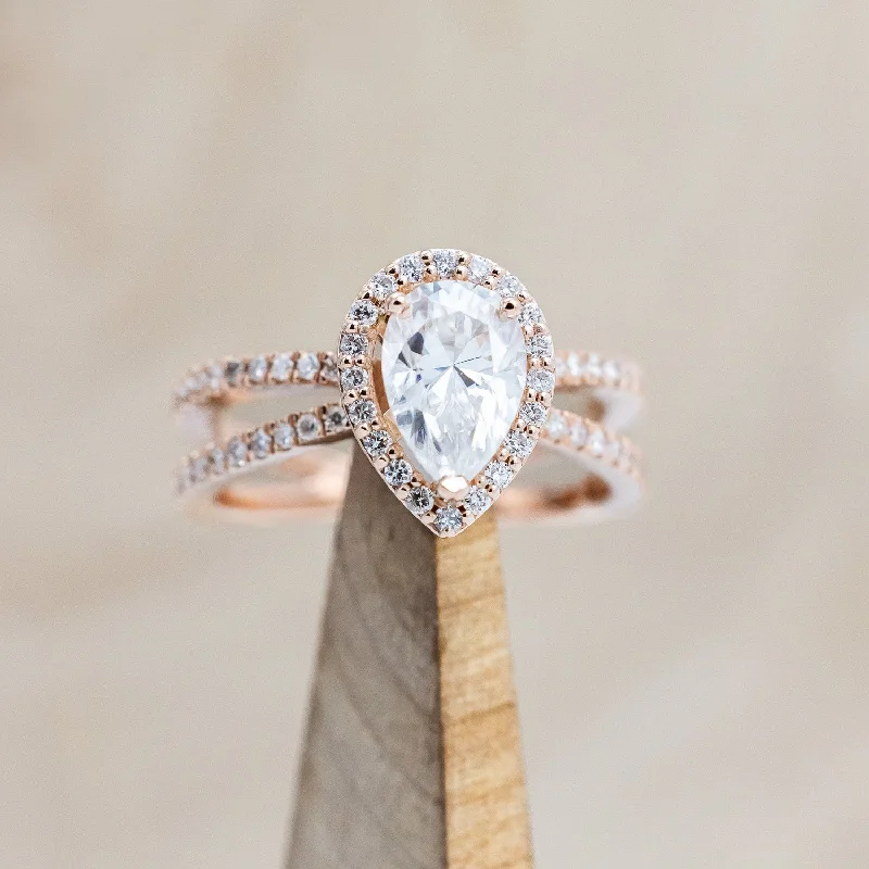 Custom engagement rings with personalized designs and engraved messages for uniqueness -"NALA" - PEAR CUT MOISSANITE ENGAGEMENT RING WITH DIAMOND HALO & ACCENTS