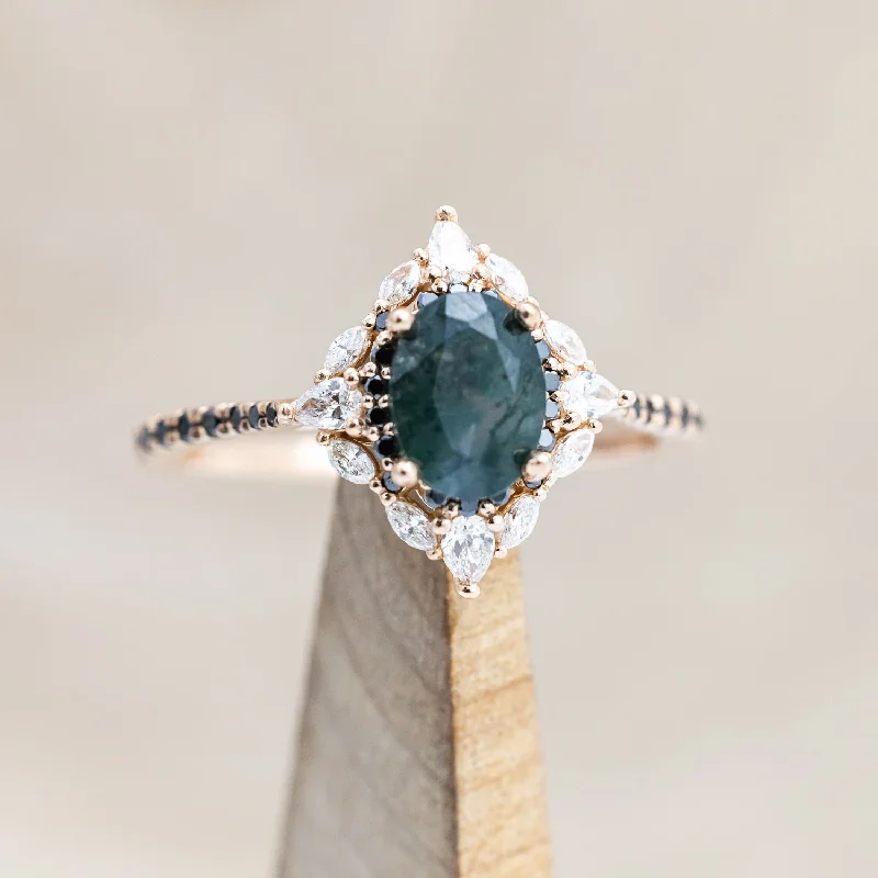 Custom engagement rings with ethically sourced diamonds for eco-conscious couples -"NORTH STAR" - OVAL MOSS AGATE ENGAGEMENT RING WITH DIAMOND HALO & BLACK DIAMOND ACCENTS