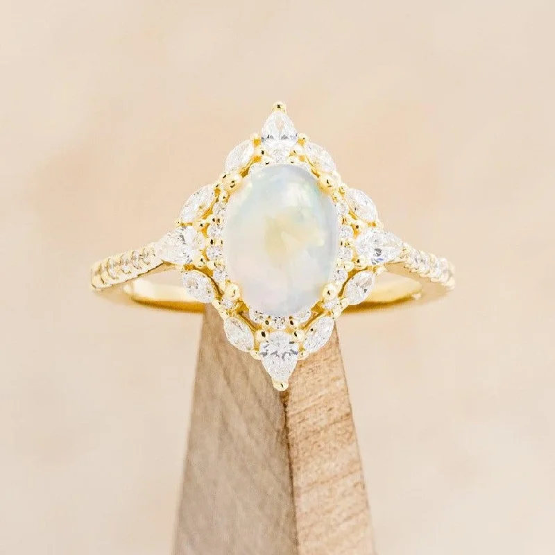 Custom engagement rings with ethically sourced diamonds for eco-conscious couples -"NORTH STAR" - OVAL OPAL CABOCHON ENGAGEMENT RING WITH DIAMOND HALO